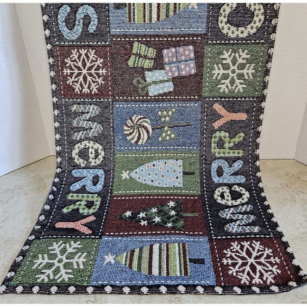 Merry Christmas Table Runner Tapestry Holiday Trees Gifts Snowflakes 68" x 13"